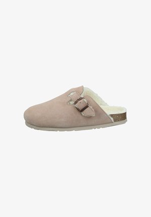 Suede Slipper zum Hineinschlüpfen in zartem Rosa, ausgestattet mit einem kuscheligen Futter, einem verstellbaren Schnallenriemen und einem strukturierten Korkfußbett mit einer Gummisohle.