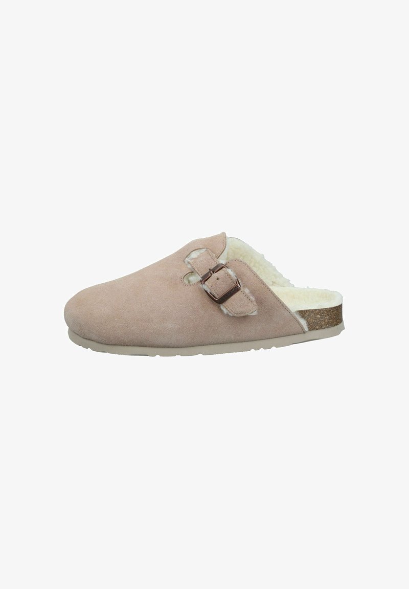 Suede slip-on slipper in soft pink, featuring a fur lining, adjustable buckle strap, and a textured cork footbed with a rubber sole.