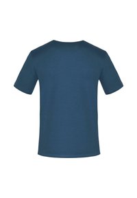 Kurzärmliges, rundhalsiges T-Shirt aus dunkelblauer Baumwolle mit geradem Saum und glatter Textur, von hinten betrachtet.