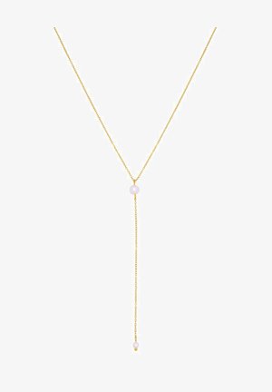 Collier délicat en chaîne d'or avec un design en forme de Y comportant deux perles blanches rondes, une au niveau de la jonction et une à l'extrémité pendante.