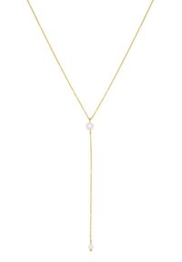 Gold-tone necklace with a chain design, featuring a central pale bead and smaller bead at the end of a longer hanging section.