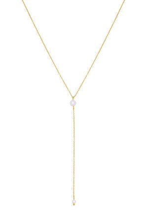 Delicate gouden ketting met Y-vormig ontwerp, voorzien van twee ronde witte parels, één bij de aansluiting en één aan het hangende uiteinde.