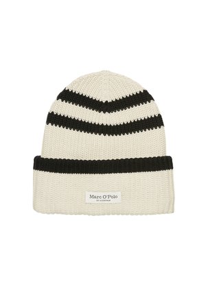 Knitted beanie in cream and black, featuring horizontal black stripes, a folded cuff, and a tag with the brand name, Marc O'Polo.