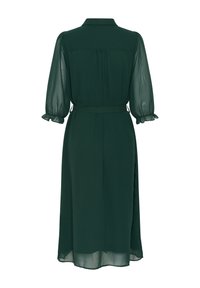 Dark green midi dress with puffed three-quarter sheer sleeves, ruffled cuffs, a waist belt, and a collar, shown from the back.