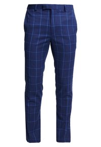 Marinblå byxor med ett ljusblått rutmönster, skräddarsydd passform, platt framdel och två sidofickor. Tyget ser slätt och något texturerat ut.