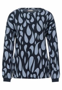 T-shirt à manches longues et col rond avec un fond bleu foncé et des motifs de gouttes irrégulières bleu clair, poignets côtelés et coupe détendue.