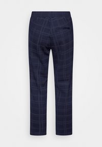 Marinblå rutiga byxor med elastisk midja. Har en bakficka och rak passform, tillverkade av lättviktig tyg.