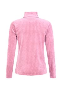 Lange mouw, roze corduroy top met een staande kraag en verticale ribbelstructuur, met een subtiel patroon door het geheel.