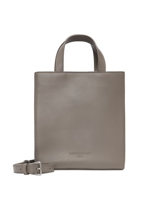 Grey leather handbag with a sleek, square design, top handles, and an adjustable strap. Features a subtle embossed logo at the base.