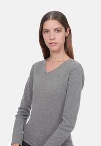 Pull à col en V, à manches longues, en matière grise douce, avec un design ajusté et une texture côtelée. Esthétique simple et épurée.