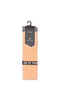 Calcetines de mezcla de lana en color naranja con un puño gris y una banda de logo negra. Incluye una etiqueta colgante para exhibición en tienda.