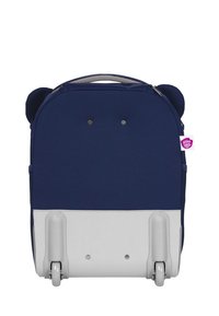 Navyblaue und graue Rolltasche mit abgerundeten Ohren, textiler Oberfläche, Reißverschluss und zwei Rädern für Mobilität. Mit einem Markenetikett.