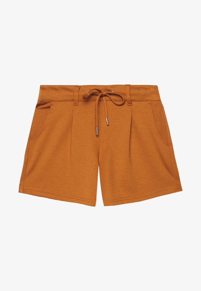 Shorts décontractés de couleur rouille avec poches avant et taille à cordon réglable, munis d'embouts métalliques aux extrémités du cordon.