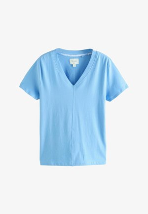 Hele sinine lühikeste varrukatega V-kaelusega T-särk, mis on valmistatud pehmest puuvillast. Esiosal jookseb keskõmblus.