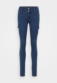 Jeans skinny de denim azul oscuro con cintura alta, cierre de dos botones, bolsillos laterales y un diseño elegante para una silueta ajustada.