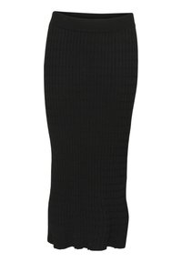 Jupe midi noire en tricot avec une texture côtelée, une silhouette ajustée et un ourlet légèrement évasé en bas. Taille élastique incluse.