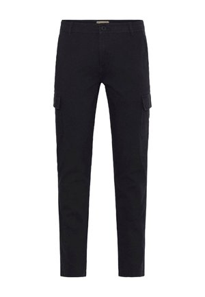 Mustad must pantsid, mis on slim fit lõikega, küljetaskute, nööbiga sulgemise ja sileda puuvillatootmise tekstuuriga. Reguleeritav vöökoht.
