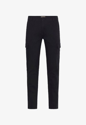 Pantaloni cargo negri cu croi slim, având buzunare laterale, închidere cu nasture și o textură netedă dintr-un amestec de bumbac. Detaliu cu talie ajustabilă.