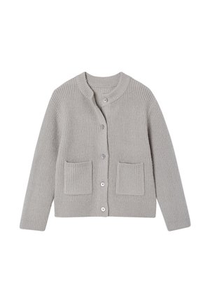 Hellgraue Strickjacke mit gerippter Struktur, Rundhalsausschnitt, langen Ärmeln, Knopfleiste vorne und zwei quadratischen Vordertaschen.