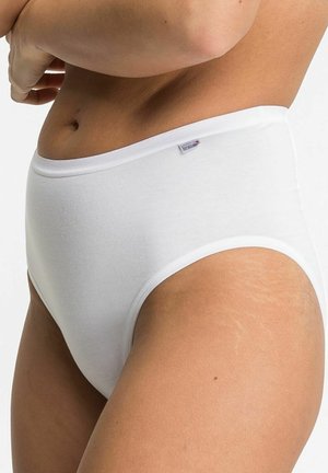White cotton high-waisted underwear with a smooth texture, elastic waistband, and a small tag on the side. No visible patterns or accents.