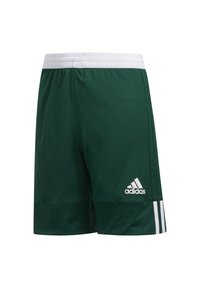 Shorts deportivos verdes con una cinturilla elástica blanca, confeccionados con una tela texturada y tres rayas blancas a los lados. Logo de Adidas presente.