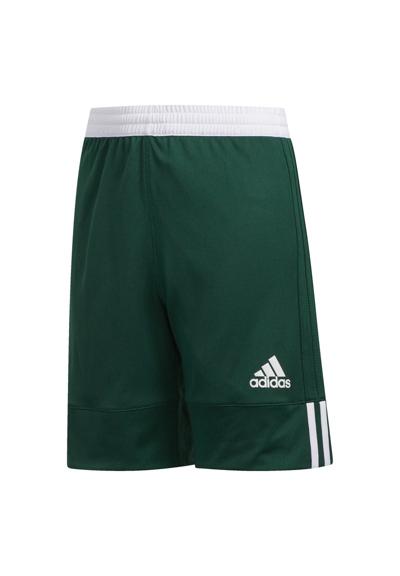Shorts deportivos verdes con una cinturilla elástica blanca, confeccionados con una tela texturada y tres rayas blancas a los lados. Logo de Adidas presente.