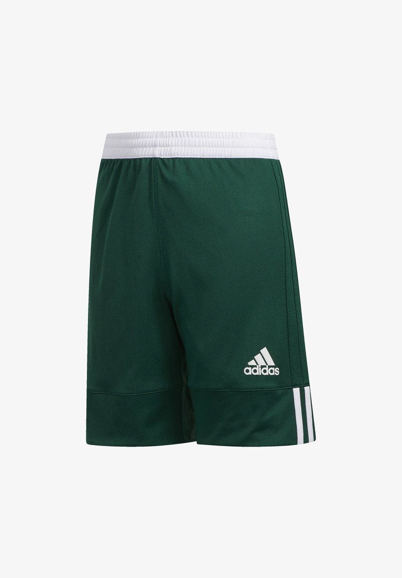 Shorts deportivos verdes con una cinturilla elástica blanca, confeccionados con una tela texturada y tres rayas blancas a los lados. Logo de Adidas presente.