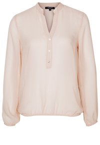 Blusa rosa chiaro realizzata in tessuto texturizzato, con scollo a V, patta dei bottoni e polsini elasticizzati per una vestibilità comoda.