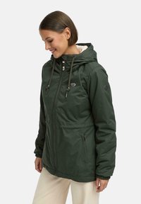 Green hooded jacket made of water-resistant material. Features a zip closure, two side pockets, and a soft interior lining.