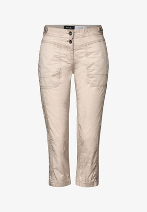 Pantalons beiges raccourcis avec deux poches avant, une fermeture à boutons et des détails de couture contrastés. Fabriqués en tissu léger avec une texture lisse.