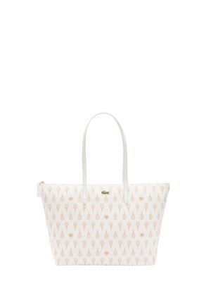 Borsa tote bianca con motivo beige a racchetta da tennis, doppie spalline e piccolo logo verde del coccodrillo al centro davanti.