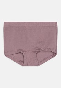 Mauve színű, pamut rövidnadrág sima textúrával, elasztikus derékkal és lapos varrásokkal, klasszikus, egyenes szabású dizájnnal.