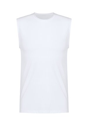 Weißes ärmelloses T-Shirt aus glattem Baumwollstoff, mit Rundhalsausschnitt und einem lässigen Schnitt, ohne Muster oder Verzierungen.