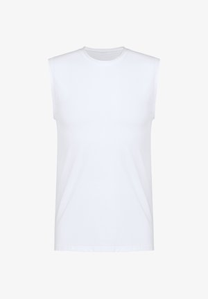 Maglietta senza maniche di colore bianco realizzata in cotone liscio, con scollatura rotonda e vestibilità comoda, priva di motivi o decorazioni.