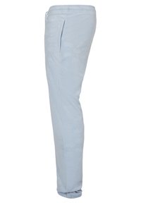 Light blue joggers with a smooth texture, featuring a subtle patterned design, elastic waistband, and side pockets.