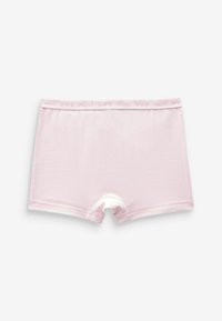 Ružičaste pamukaste gaćice tipa boyshort s glatkom teksturom, s pojasom s uzorkom logotipa i klasičnim krojem. Bez dodatnih ukrasa.