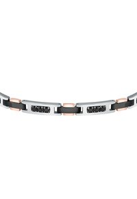 Bracciale in metallo argento e nero caratterizzato da anelli lisci e curvi; dettagli in oro rosa; e pietre nere integrate in sezioni rettangolari.