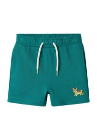 Shorts en coton teal avec une taille élastique, un cordon crème, des poches latérales et un détail en broderie d'un tigre sur la jambe gauche.