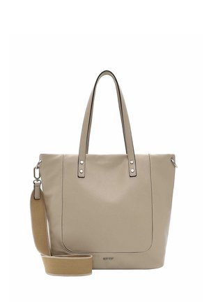 Beige leather tote bag with textured finish, two sturdy handles, removable shoulder strap, and silver-tone hardware accents.