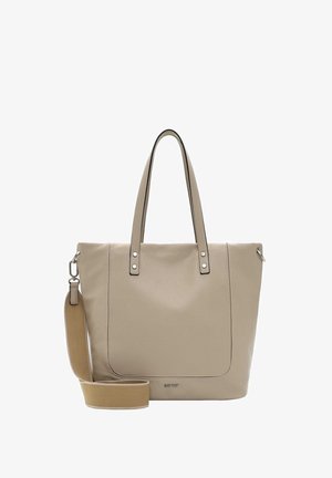Beige leather tote bag with textured finish, two sturdy handles, removable shoulder strap, and silver-tone hardware accents.