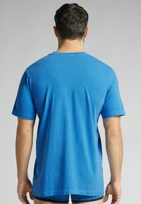Krátký rukáv, modré bavlněné tričko s kulatým výstřihem a uvolněným střihem, s hladkým povrchem a jednoduchým designem, z pohledu zezadu.