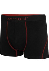 Black boxer shorts with red stitching and waistband featuring "normani" logo. Soft material, fitted design, with a contoured pouch.