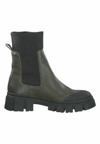 Zielono-oliwkowe botki za kostkę z czarną elastyczną wstawką, okrągłym noskiem, grubą czarną gumową podeszwą i pętelką do łatwego zakładania.
