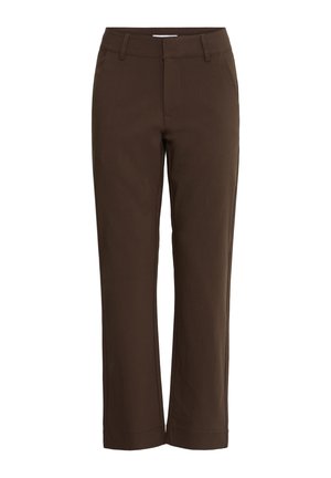 Hnedé nohavice s rovnými nohavicami, so slučkami na opasok, predným zipsom a bez viditeľných vreciek, zobrazené na bielom pozadí.