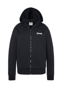 Schwarze Zip-Hoodie aus Baumwollmischung mit einem Frontreißverschluss, Kängurutaschen, gerippten Bündchen und einer Kapuze mit Kordelzug. Markenlogo auf der Brust.
