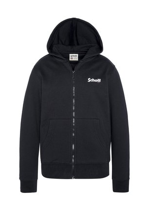 Zwarte rits hoodie gemaakt van een katoenmix, met een rits aan de voorkant, kangaroo zakken, geribde manchetten en een trekkoordcapuchon. Merklogo op de borst.