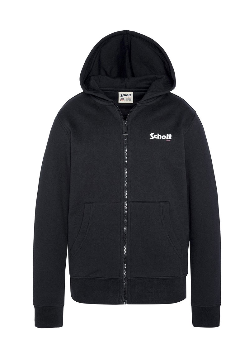 Schwarze Zip-Hoodie aus Baumwollmischung mit einem Frontreißverschluss, Kängurutaschen, gerippten Bündchen und einer Kapuze mit Kordelzug. Markenlogo auf der Brust.