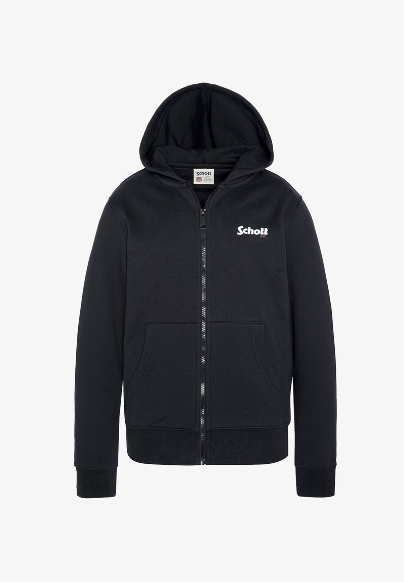 Schwarze Zip-Hoodie aus Baumwollmischung mit einem Frontreißverschluss, Kängurutaschen, gerippten Bündchen und einer Kapuze mit Kordelzug. Markenlogo auf der Brust.