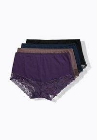 Shorts di cotone con bordo in pizzo, disponibili in viola, grigio, blu navy e nero, con un motivo floreale in pizzo lungo l'orlo e una cintura elastica liscia.