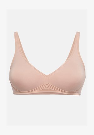 Helle pinke, kabellose BH aus weichem Stoff, mit einem dreieckigen Design an der Vorderseite und dünnen, verstellbaren Trägern. Glatte Textur.